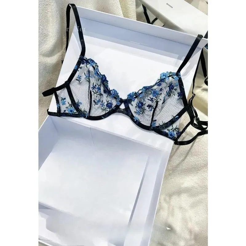 Korean Hot Lace Bra Set Floral Embroidery Transparent Mesh Ultra Thin Big Bust Modest Summer Ladies Daily Wear Underwear 32-38 — image 8