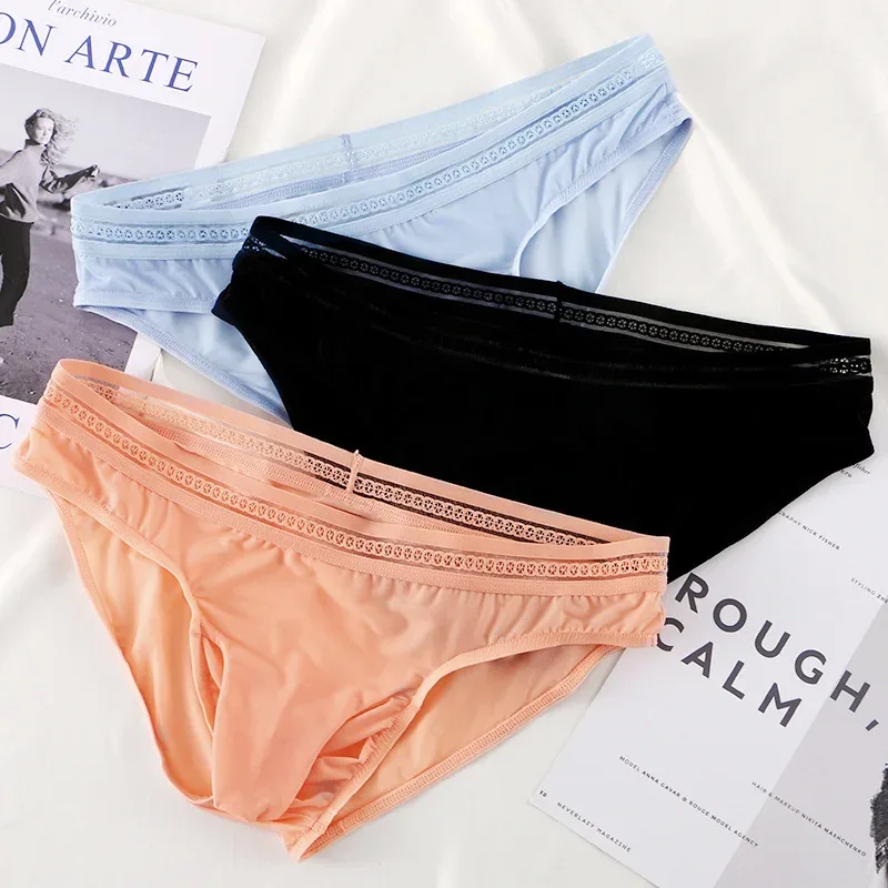 1/3PCS Men's Ice Silk Briefs Ultra-thin Quick Dry High Elastic Lace Waistband Panties Sexy Seamless Breathable Bikini Underwear