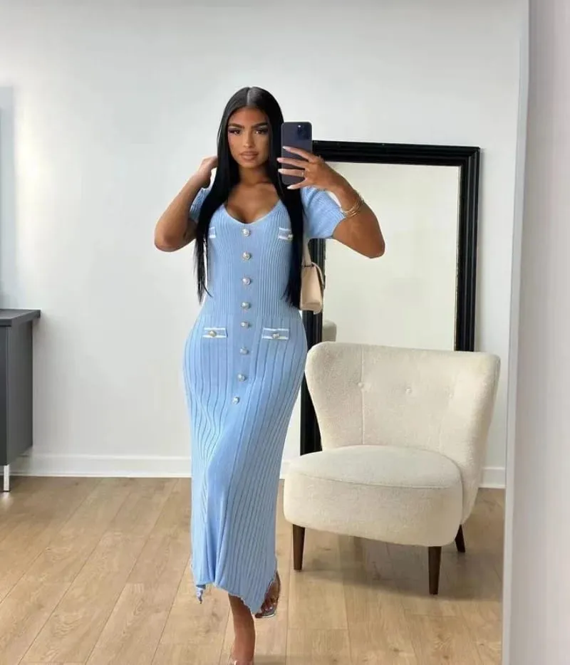Elegant Knitted Maxi Dresses Bodycon Short Sleeve Ruffles Single Breasted 2025 New Dress Casual Communte Streetwear Vestidos