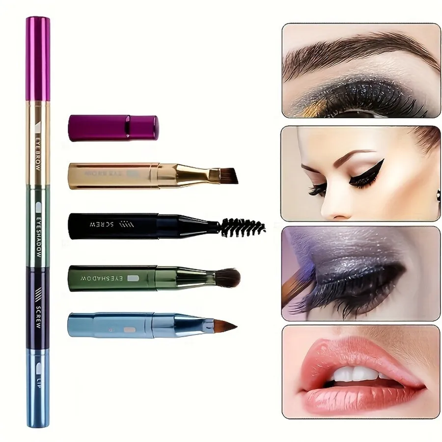 4-in-1 Portable Makeup Brush Set Metal Handle Eyebrow & Lip Brushes with Eyelash And Eyeshadow Applicators Travel-Friendly