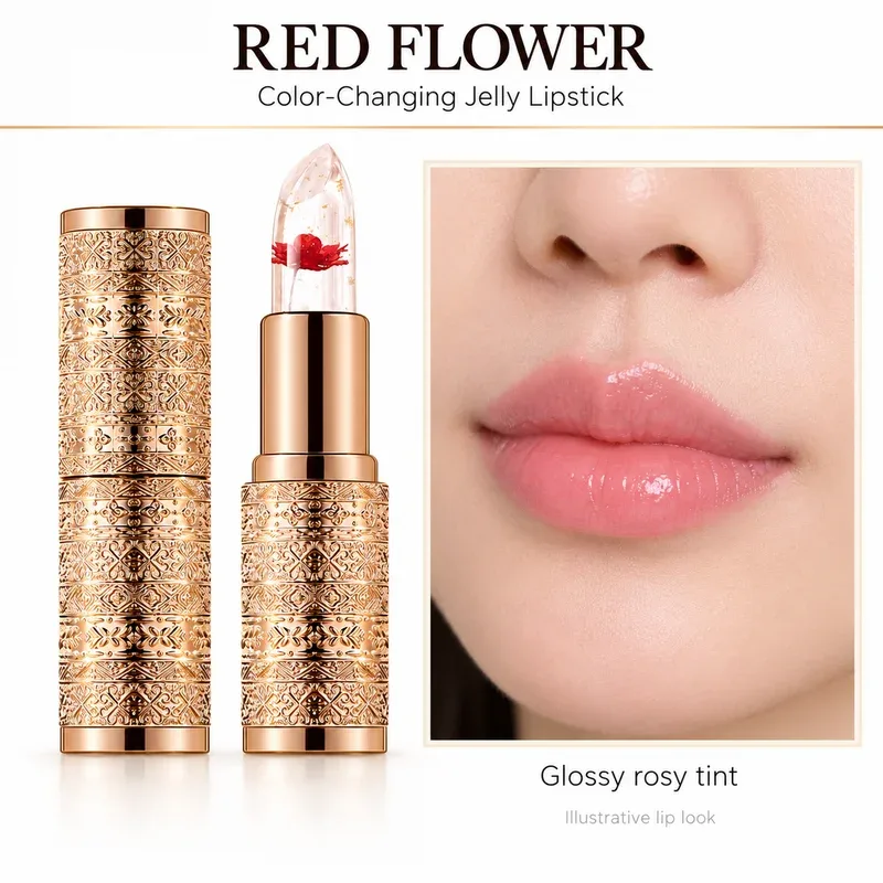 Crystal Flower Jelly Lipstick Color Changing Clear Lip Tint Glossy Pink Finish Gold Case 3 Flower Colors for Everyday Makeup