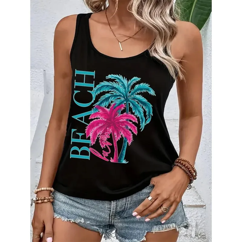 Women's Cool Summer Tops with Coconut Tree Prints Sleeveless Tops. Comfortable and Casual Beachwear for a Vacation Style.