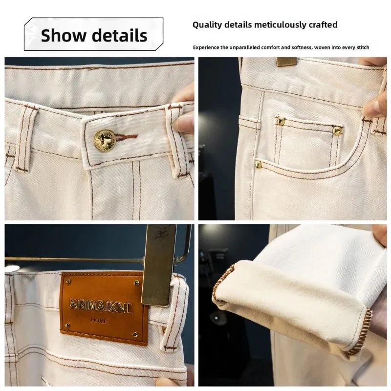 Winter fleece men's jeans 2025 new trend simple solid color casual thick warm little leg pants