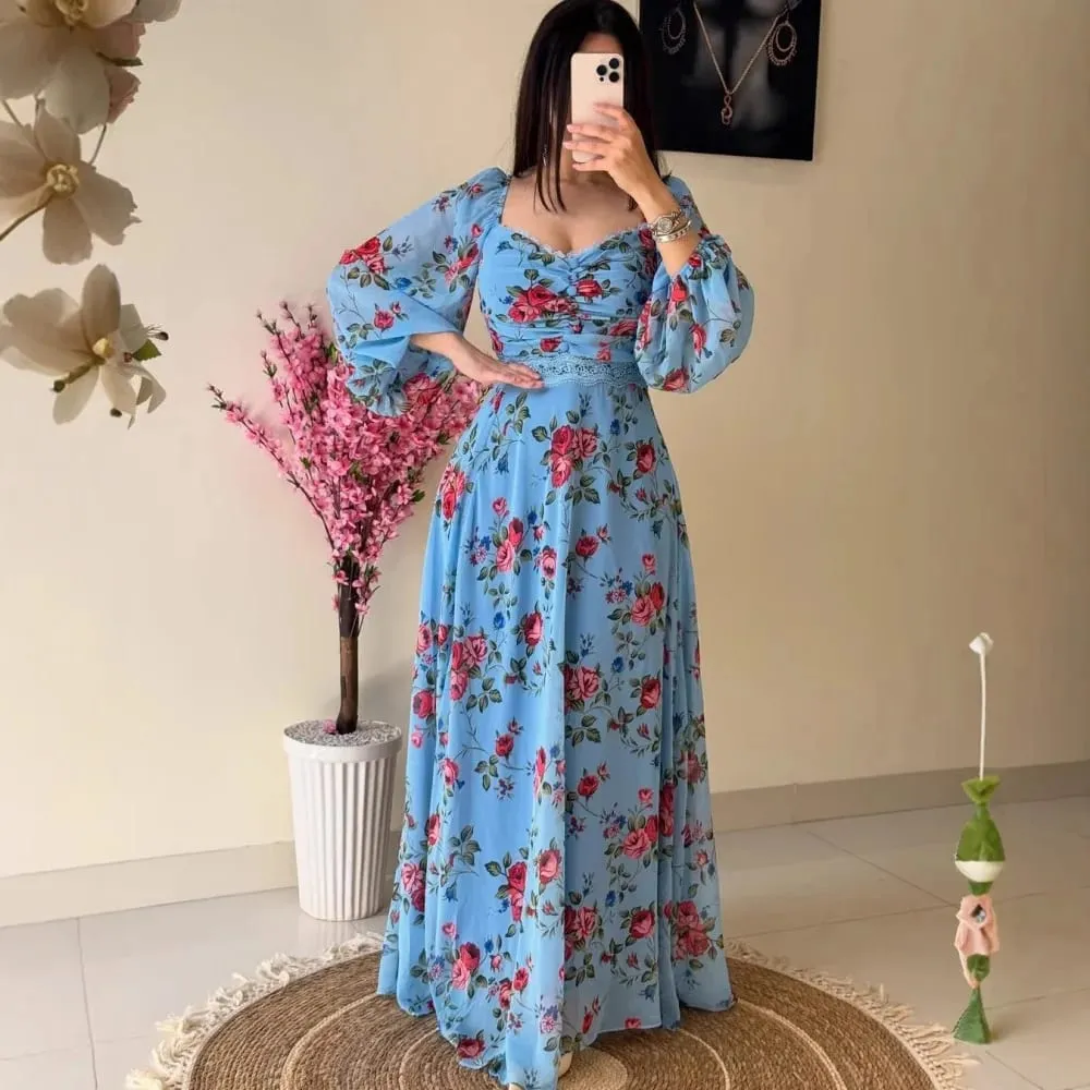 2025 Spring Summer American New Fashion Women's Printed Lace V-neck Long Sleeve Ankle Length Casual Trendy Chiffon Dress Female — image 3