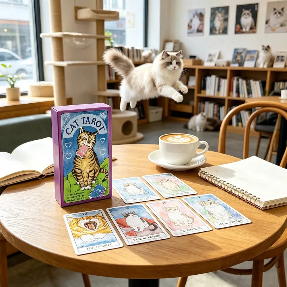 Cat Tarot Cards 78‑Pcs Cute Cat Design Tarot Cards Set Fortune‑Telling Divination Tarot Deck for Beginners and Cat Lovers