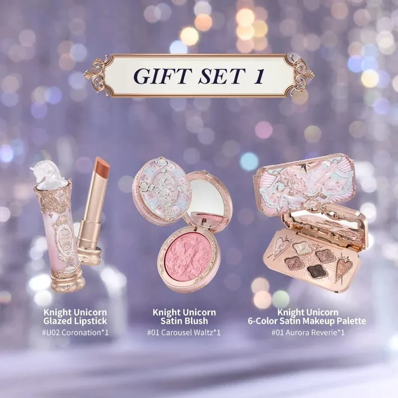 Flower Knows Knight Unicorn Collection Makeup Gift Set 3PCS Kit Eye Shadow Palette Long Lasting Lipstick Blusher Setting Powder