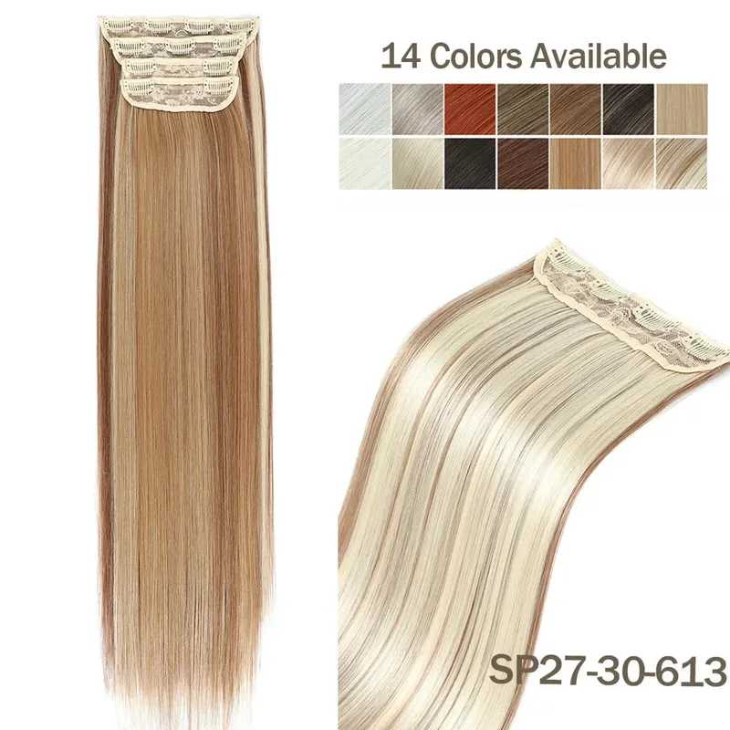 4Pcs 24 Inch Clip In Hair Extensions 200g Colored Brown Blonde Synthetic Heat Resistant Straight Hairpieces Thick Ends For Women
