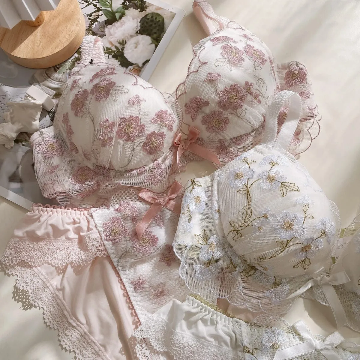Fairy thin section lingerie women large size embroidery lace bra set low chicken heart gathered ladies underwear bra