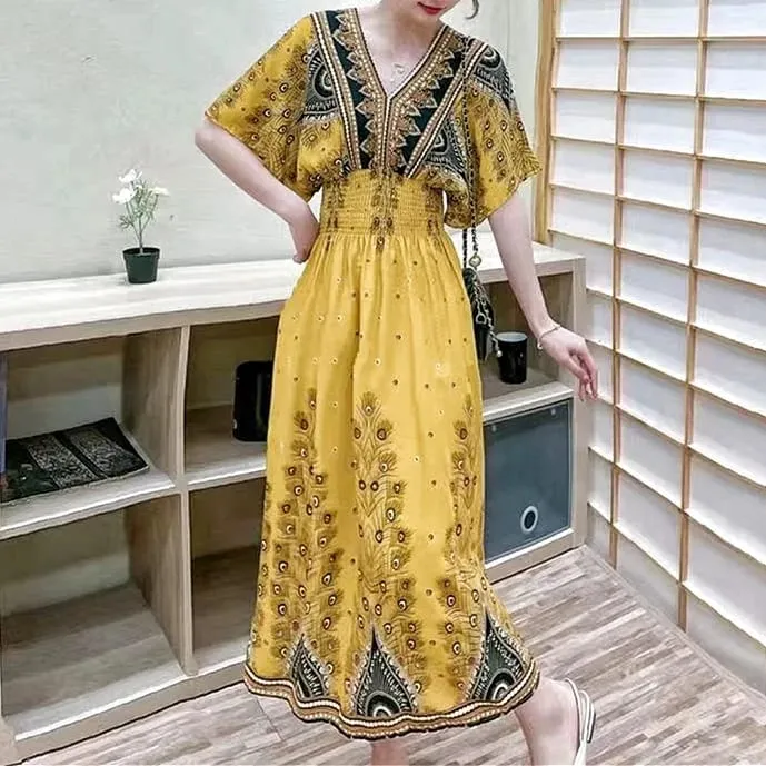 Casual Elegant Retro Bohemian National Style V-neck Elastic Waist Large Swing Printed Summer Long Skirt Woman Dress Clothes