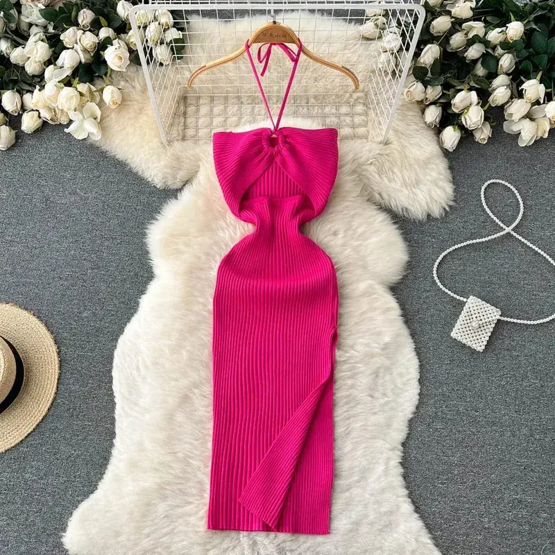 YuooMuoo elegante moda Sexy paquete caderas dividido vestido de verano de punto 2025 mujeres ajustado vestido ajustado elástico vestido de fiesta ropa de calle traje