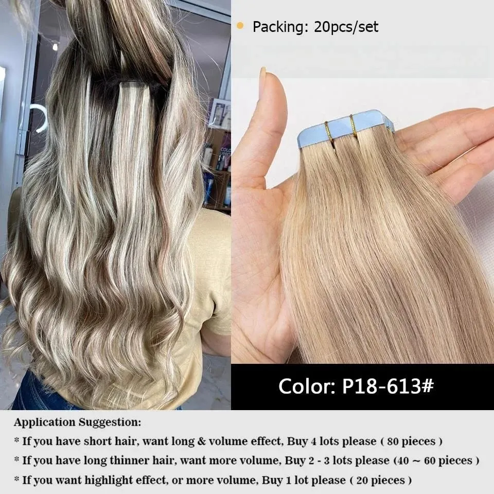 20PCS 12-22inches 30g/pack Tape in Hair Extensions Human Hair Seamless Tape Hair Extensions Skin Weft PU Tape On Hair