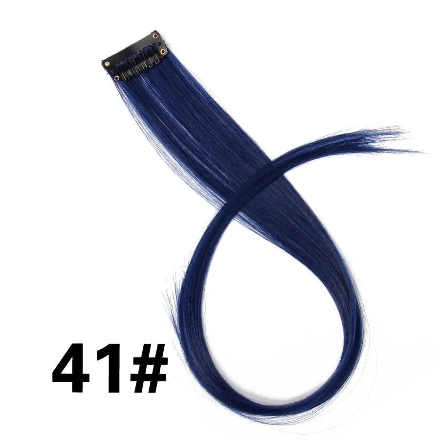 Lige farvet hårstykke Hair Extensions Clip In Highlight Regnbuehår Pink Blå Lilla Syntetisk på klips til kvinder piger — image 47