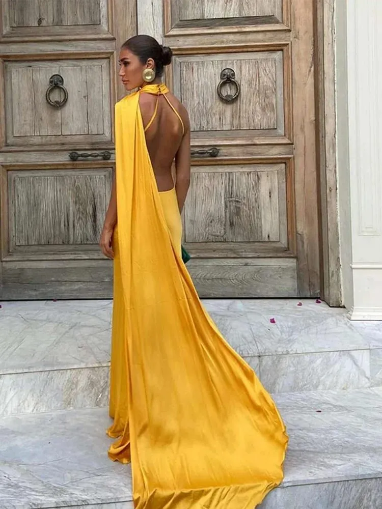 Ribbon Hanging Neck Long Dresses Slanted Shoulder Lace Up Backless Silky Satin Temperament Slim Fit Halter Woman Fishtail Dress