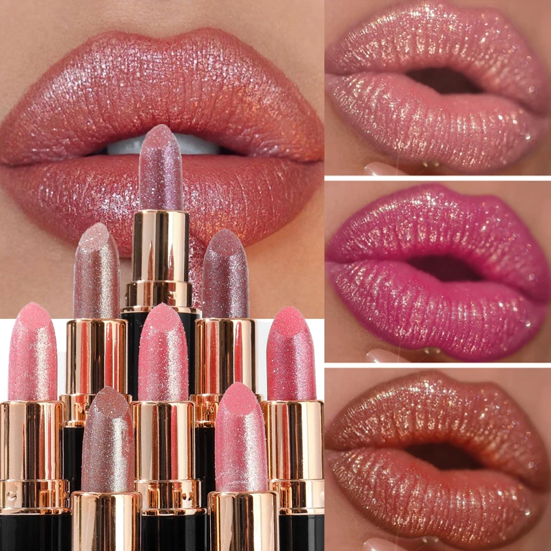 6 Colors Glitter Lipstick Waterproof Lasting Diamond Pearlescent Metallic Lipstick Pink Red Lip Gloss Women Lips Makeup Cosmetic — image 3