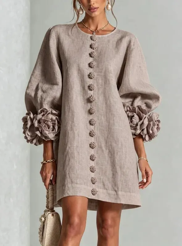 Women Spring Autumn 3D Flower Long Lantern Sleeve Cotton Linen Mini Dress Solid Crew Neck Loose Elegant Daily Wear Short Dress