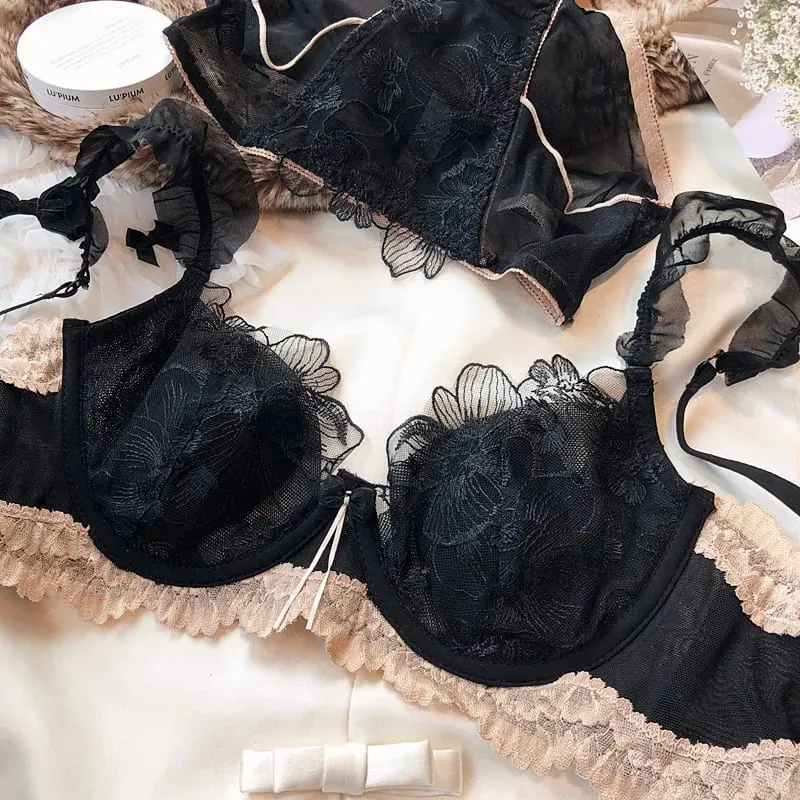 French Elegant Embroidered Lace Minimizer Bra Support Soft Underwire Rabbit Ear Cup Sexy Pure Lingerie Set Large Bust S-XL Tushy