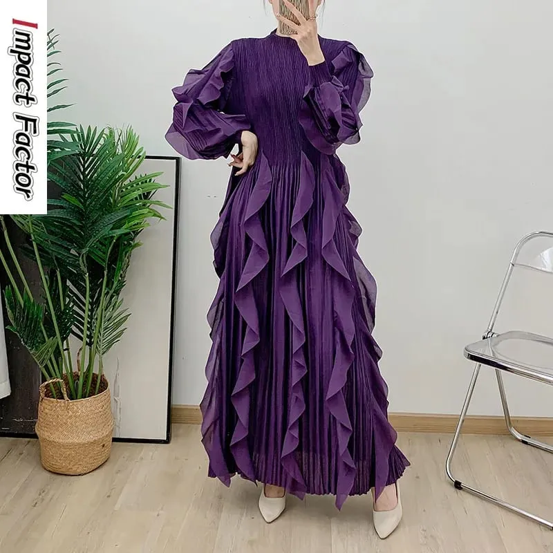 Fashion Ruffles Pleated Dress Women Round Neck Flare Sleeves Solid Maxi Belt Dresses Party 2025 Autumn New