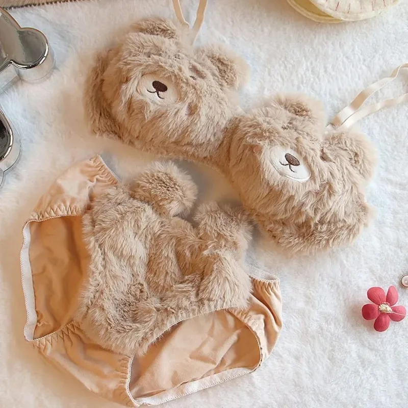 Cute Women Lingerie Set Cartoon Bear Soft Winter Bra & Brief Sets With Steel Ring Women Lingerie Girl