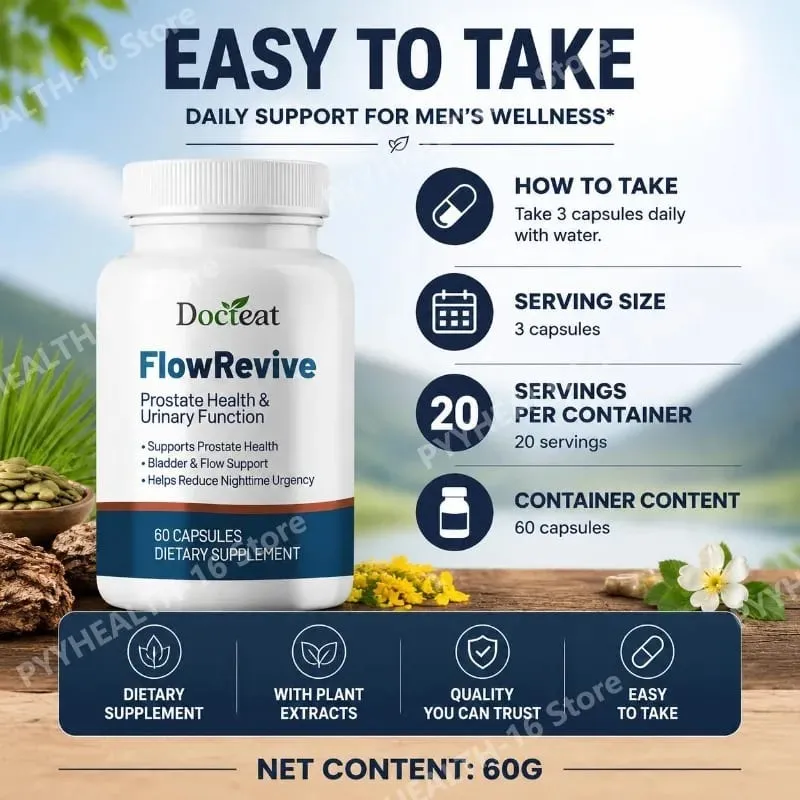 Docteat FlowRevive Prostate Health Urinary Function Botanical Capsules with Saw Palmetto and Pygeum Bark Extract 60 Capsules — image 4