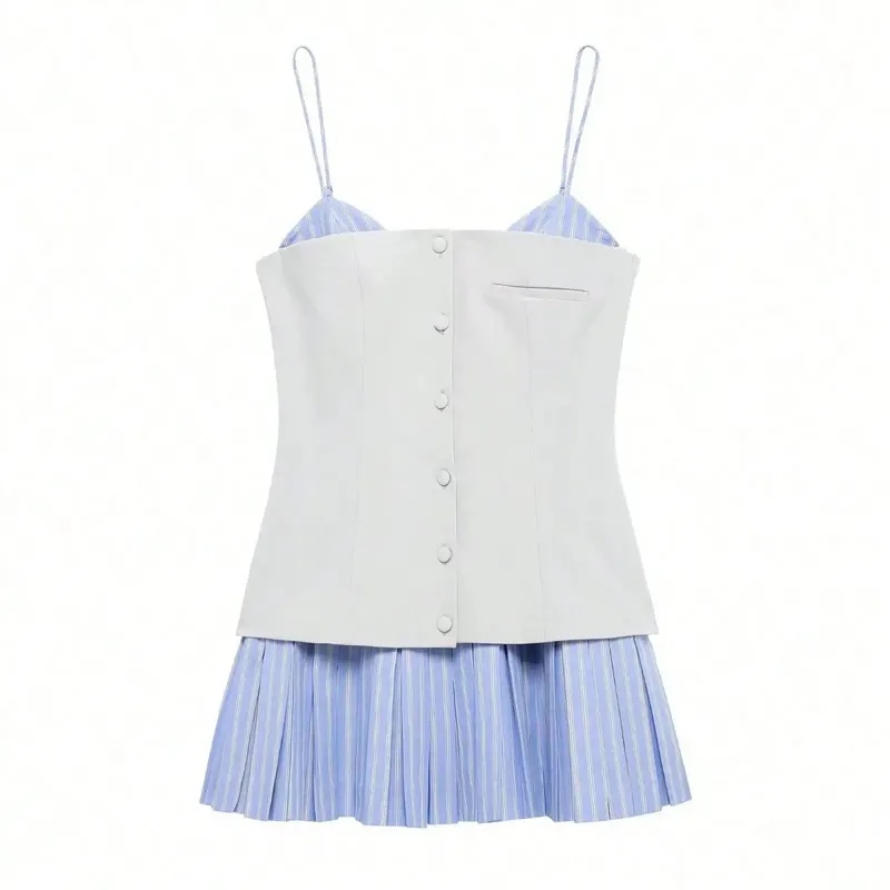 HH Womens Elegant Party Fake 2 Piece Solid Bustier Stripe Pleated Skirt Summer Beach Vacation Casual Spaghetti Strap Mini Dress