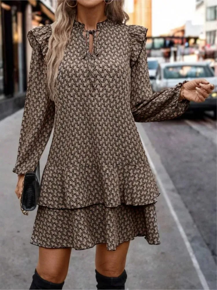 Fashion Print Ruffles Dress Women Casual Long Sleeve Lace-up Pullover Loose Dresses Lady Elegant Holiday Office Skirts Clothes