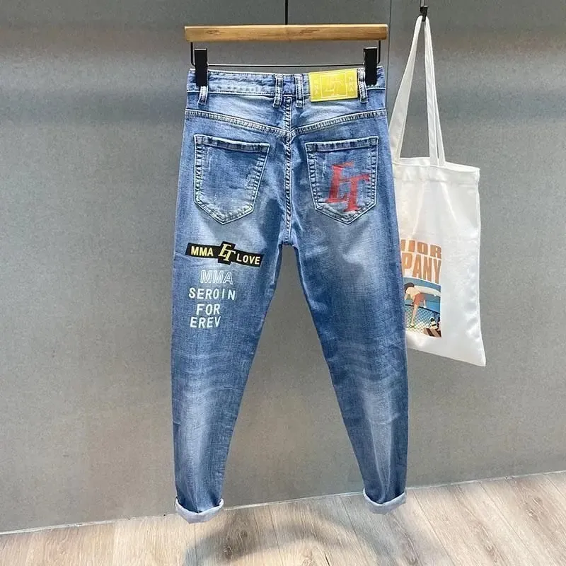 Trendy Brand Letter Printing Pattern Embroidered Jeans Men's Korean Graffiti Slim-fitting Small Feet Versatile Casual Trousers — image 6