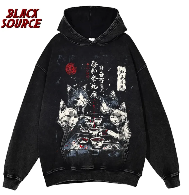 T0220 Cute Ramen Japanese Cat Hoodie, Unisex Cartoon Graphic Pullover Sweatshirt, Casual Streetwear Loose Fit Daily Wear