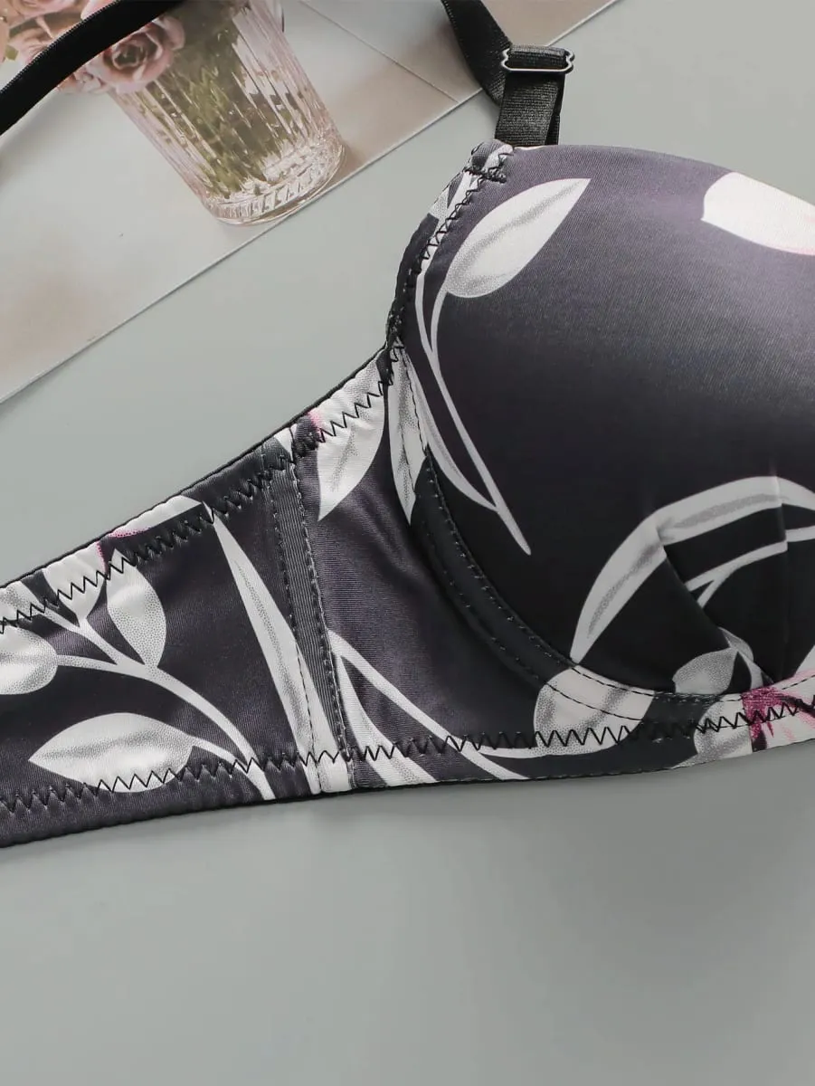 1 set High Quality Women's black bra Floral Print Bra and Panty Set Full Cup Support Elegant Summer Style A2135