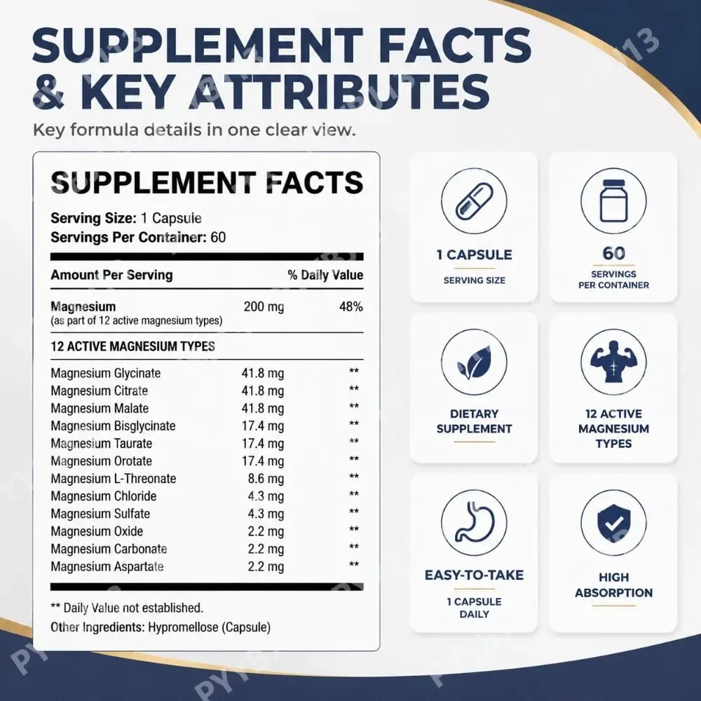 Magnesium Supplement Capsules 12 Magnesium Forms Mineral Complex Daily Mineral Nutrition Supplement for Daily Wellness Support