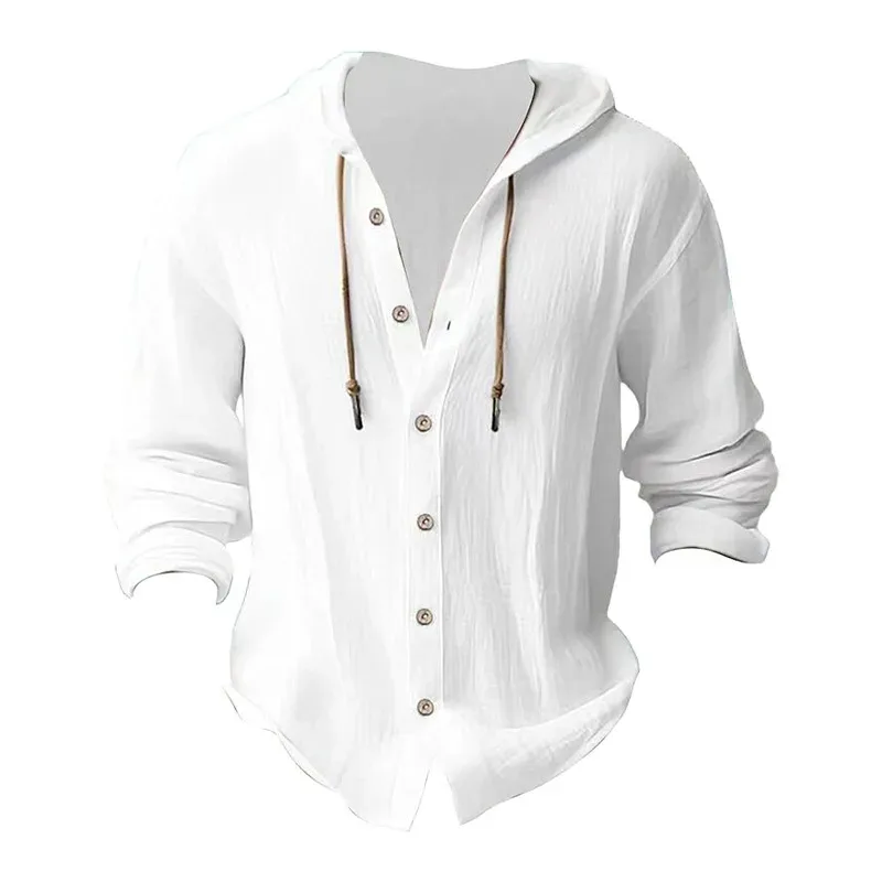 Men's Solid Color Casual Shirt Hooded Drawstring Cotton and Linen Cardigan Trendy and Versatile Loose Beach T-Shirt