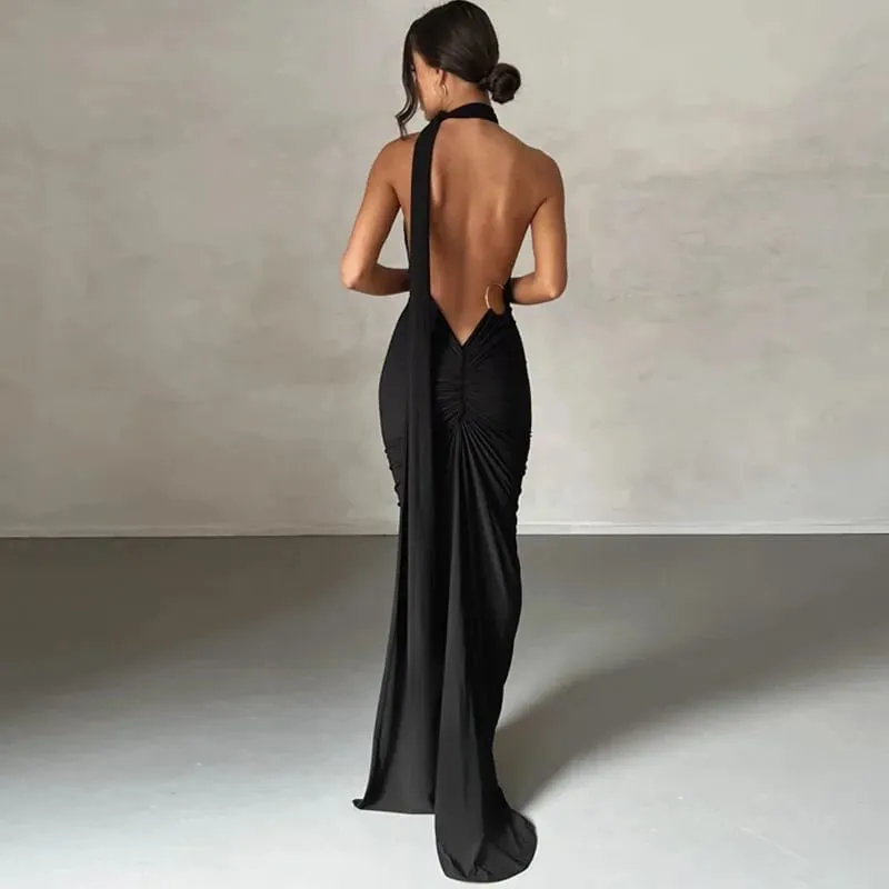 Abito maxi senza maniche monospalla da donna Sciarpa regolabile con passante increspato senza schienale aderente Festival Party Outfit Abito lungo elegante