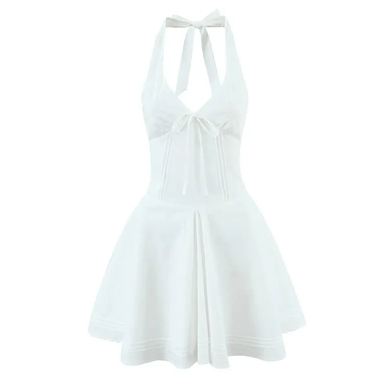 Sexy Deep V Halter Bílé minišaty Dámská Móda Bez zad Elegantní společenské šaty Letní Župan Šněrovací Vestidos