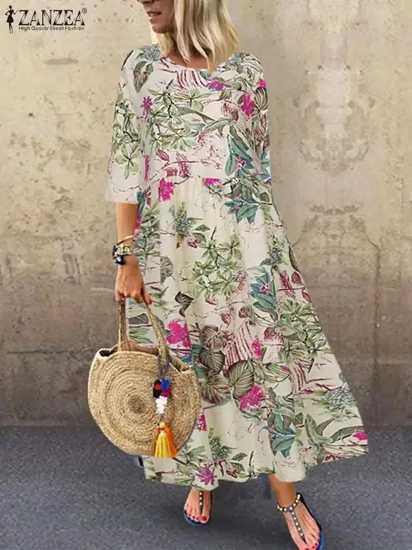 Women's Summer Short Sleeve Sundress ZANZEA Woman Floral Printed Dress Bohemian Elegant Casual Oversized Holiday Long Dresses