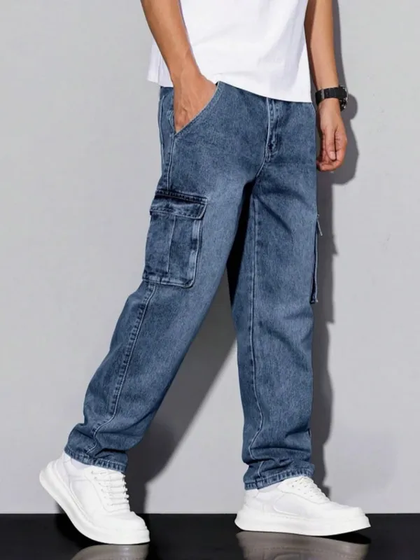 Men's Blue Cargo Jeans Spring New Multi-Pocket Loose Fit Denim Pants Streetwear Hip Hop Casual Versatile Daily Fashion Trousers