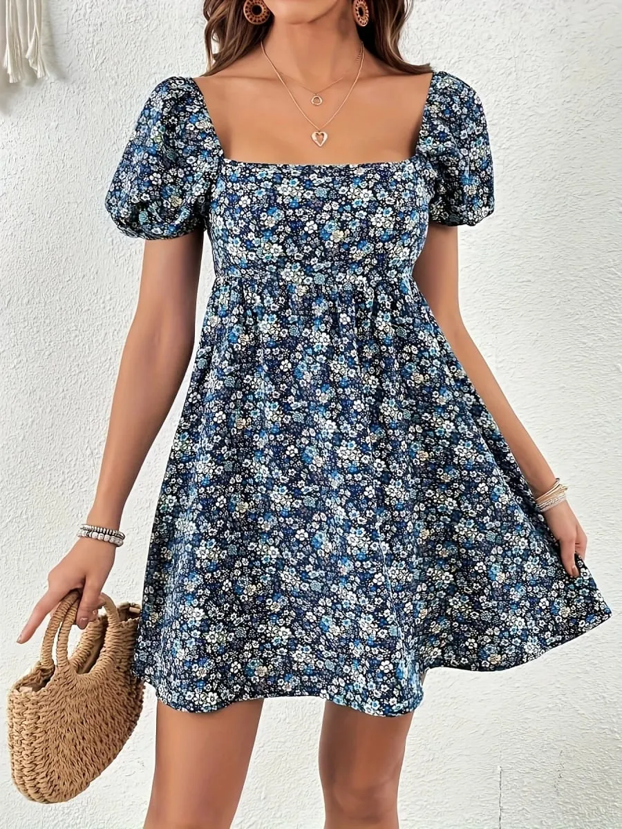 Summer Women Elegant Floral Print Dress Vacation Vintage Casual Sweet Square Collar Puff Sleeve Dresses