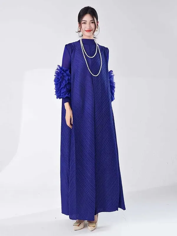 Long Pleated Dress With Ruffles Sleeves Loose Solid Color Stitching Female Party Clothing Summer New Clothes 2DA5900