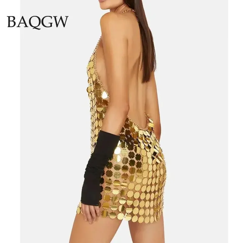 Damesmode Mouwloos Sexy Backless Glitter Zwart Goud Chainmail Pailletten Patchwork Mini-jurken Diana Silver Disc-jurk