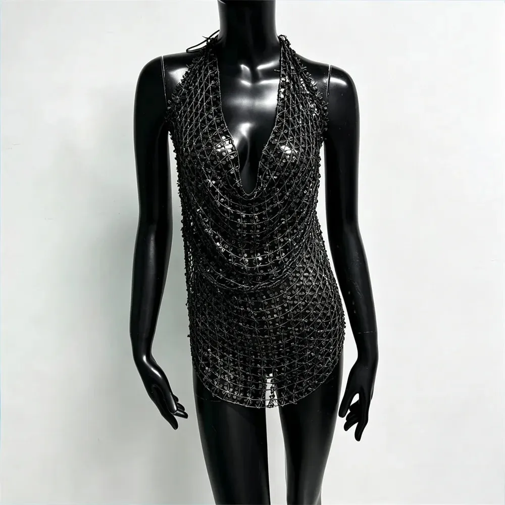 Women Shiny Acrylic Sequins Hollow Tank Top Sexy Deep V Neck Backless Halter Neck See Through Cover Up Camisole Beach Party Tops