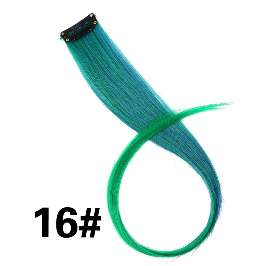 Lige farvet hårstykke Hair Extensions Clip In Highlight Regnbuehår Pink Blå Lilla Syntetisk på klips til kvinder piger — image 22