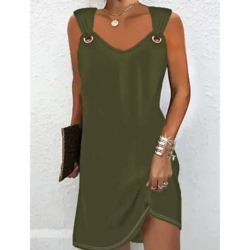 Women Summer Casual Dresses 2025 Elegant Simple Style Solid Color Metal Button V-neck Sleeveless Dress Female Sexy Midi Vestidos