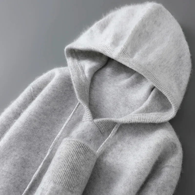 DjzDsm Herbst-Winter-Herrenpullover aus 100 % Merinowolle, dicker Kapuzenpullover, weiche Strickwaren, lässige, bequeme Wollkleidung, Oberteile