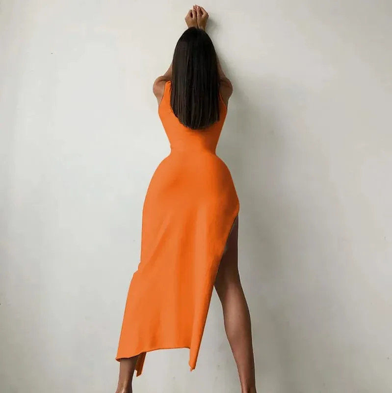 Y2k sem mangas laranja midi vestidos femininos fenda lateral gola alta configuração bodycon sexy festa elegante vestido 2024 básico vintage robe