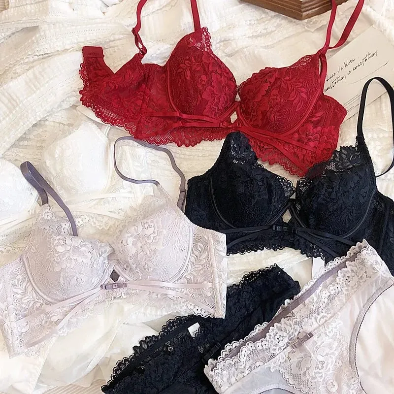 2 ชิ้นฤดูร้อนบางถ้วย Bra เซ็กซี่ลูกไม้ชุดชั้นในชุดผู้หญิงภาษาฝรั่งเศสคำเย็บปักถักร้อยชุดชั้นใน Push Up Brassiere กางเกงชุด