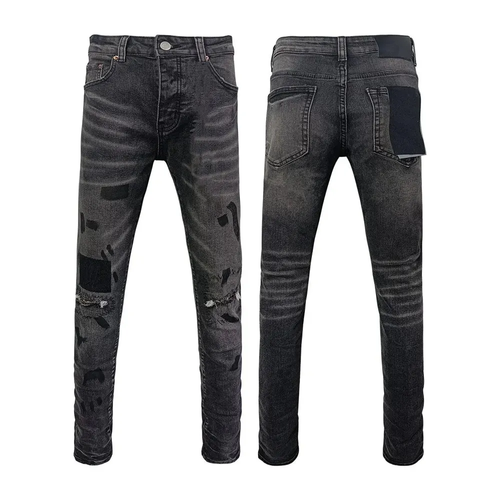 Jeans Men Fashion Classic style Retro Wash black paint Hole Repair Low Rise Stretch Skinny Pleated Ripped Frayed Jeans Trousers — image 19