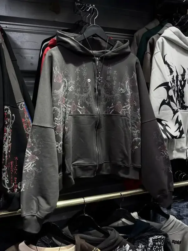 Mens Zip Up Hoodie สีน้ำเงินเข้มปีกพิมพ์กราฟิกที่ไม่ซ้ำกัน Y2K Streetwear American Urban เสื้อสวมหัวเสื้อผ้าเยาวชน Hooded Sweatshirt