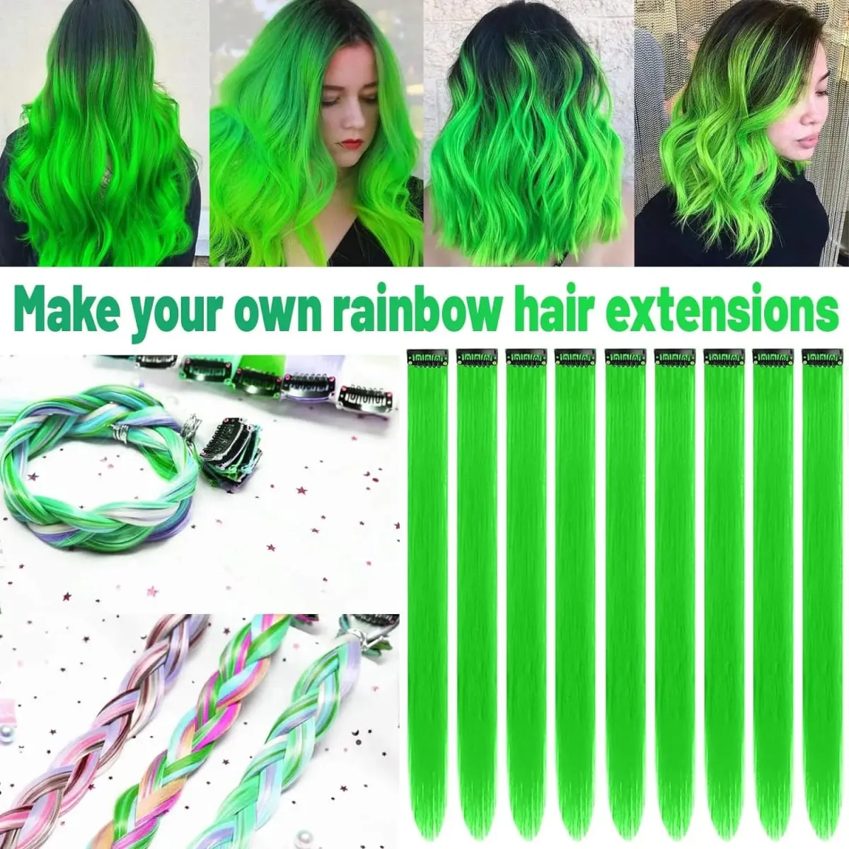 10 PCS Colored Hair Extensions Straight Hairpiece Multi-colors Party Highlights Clip in Synthetic for Women Girls Cosplay Gift