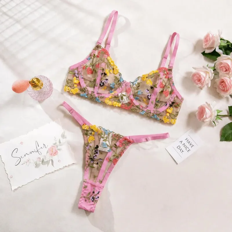 Σετ εσώρουχων 2 τεμαχίων Bohemia Floral Κέντημα Ευέλικτο Εσώρουχα Intimates Underwire Push-up Sheer Set εσώρουχα για κορίτσι