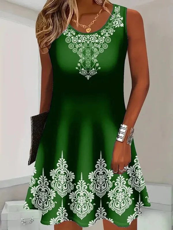 3D Floral Pattern Retro Women Mini Dresses Summer Sleeveless Flower Printed Street Ladies Dress 3XL Plus Size Casual Dress Tees