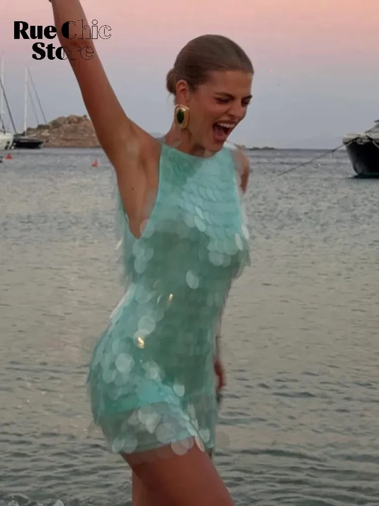 Sexy Pailletten Backless Mouwloze Jurk Vrouwen Chic Hoge Taille Bodycon Sling Mini Jurken 2026 Lady Strand Vakantie Party Club Wear