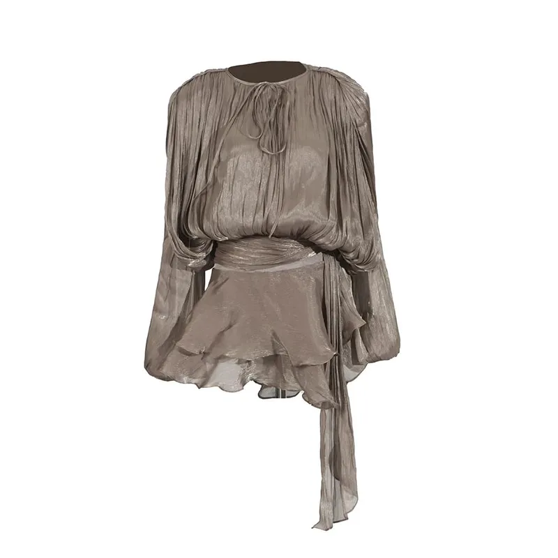 Solid Patchwork Lace Up Blouse Mini Dresses For Women V Neck Long Sleeve Sweet Style Dress Female Clothing Fashion